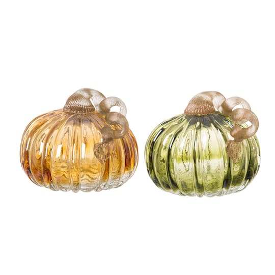 Glitzhome&#xAE; 6&#x22; Green &#x26; Amber Crackle Glass Short Pumpkin, 2ct.